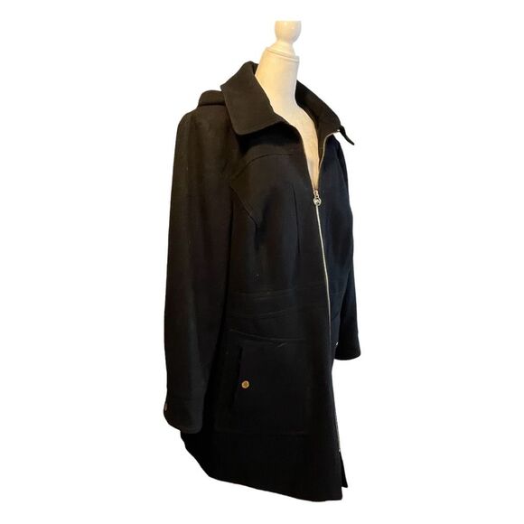 Michael Kors Classic Wool Pea Coat Black Lined Hood Zipper Closure 1X - Picture 2 of 10